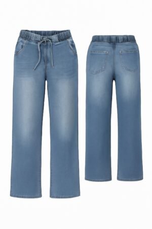 Relaxed Fit Drawstring Denim Pants – Light Blue Wash