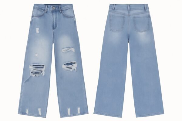 Light-Wash Distressed Wide-Leg Jeans