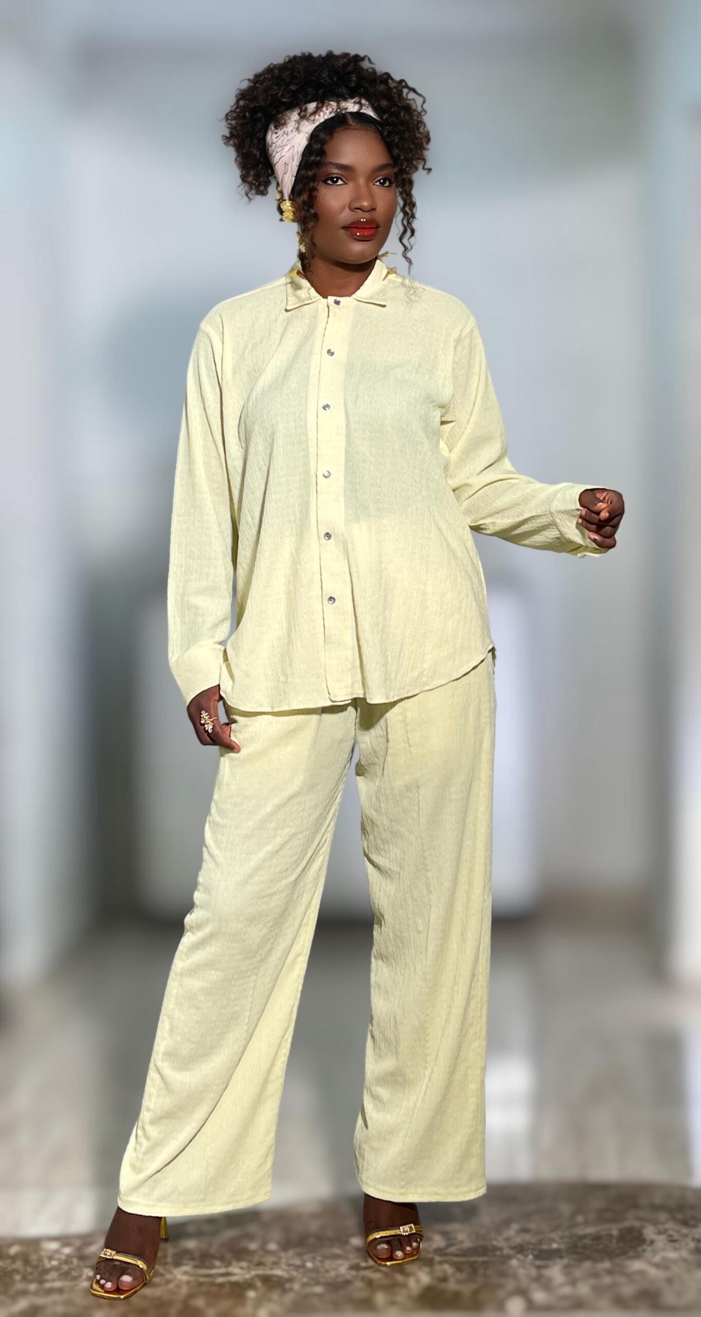 Women's Crinkled Textured 2-Piece Button-Up Set