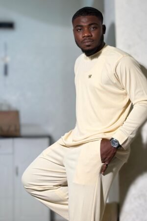 Men’s Cream Minimalist Co-Ord Set – Long Sleeve Top & Relaxed Pants