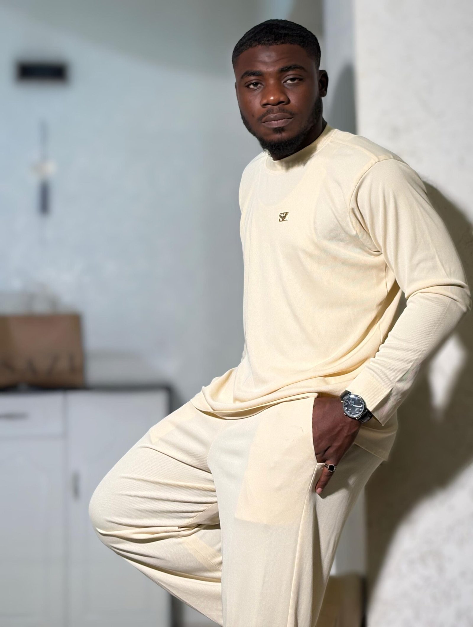 Men’s Cream Minimalist Co-Ord Set – Long Sleeve Top & Relaxed Pants