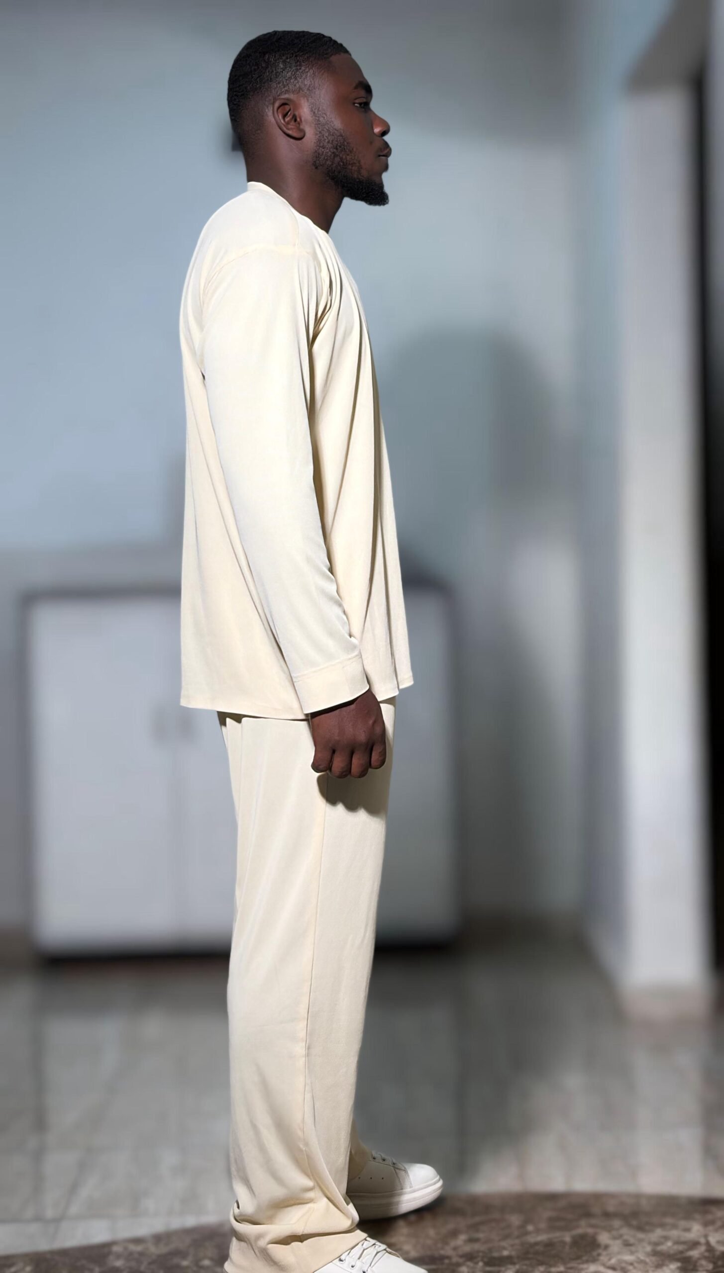 Men’s Cream Minimalist Co-Ord Set – Long Sleeve Top & Relaxed Pants - Image 2