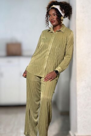 Elegant Olive Crinkle Co-Ord Set – Shirt & Wide-Leg Pants