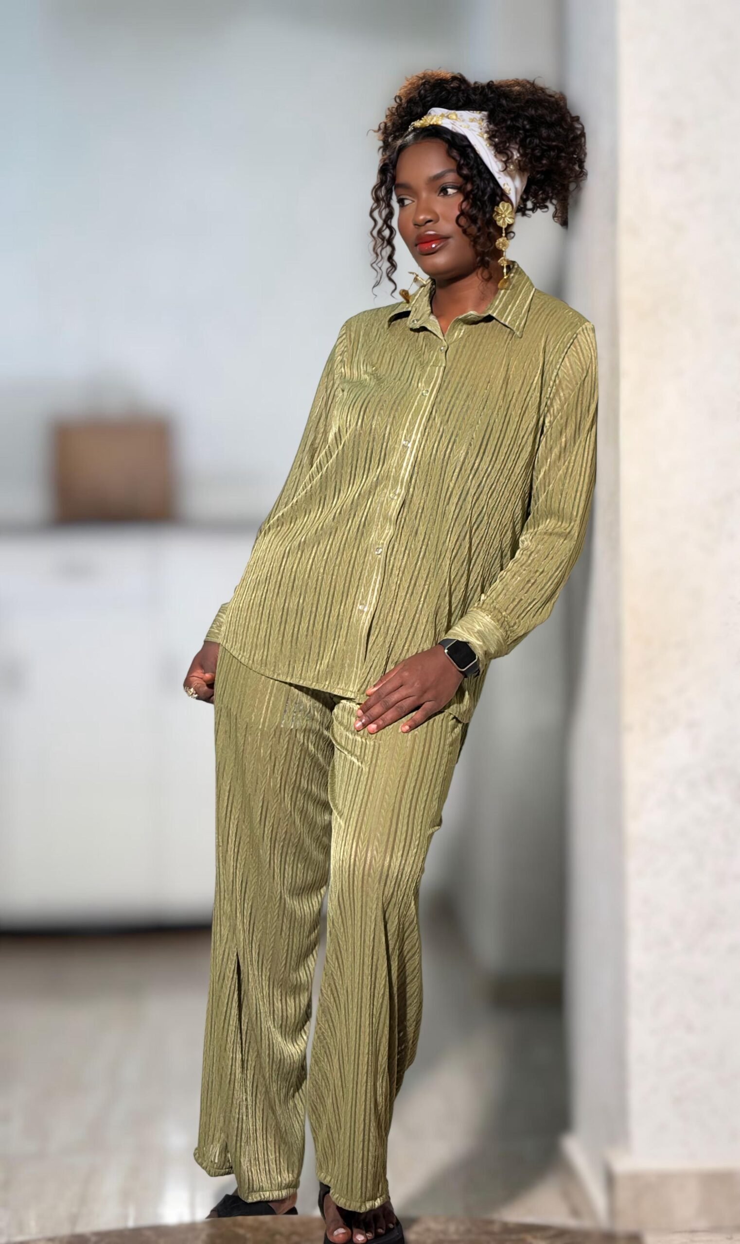 Elegant Olive Crinkle Co-Ord Set – Shirt & Wide-Leg Pants